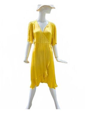 Yellow Satin Wrap Dress with Ruffle Hem and Tie Waist  Med - Lg